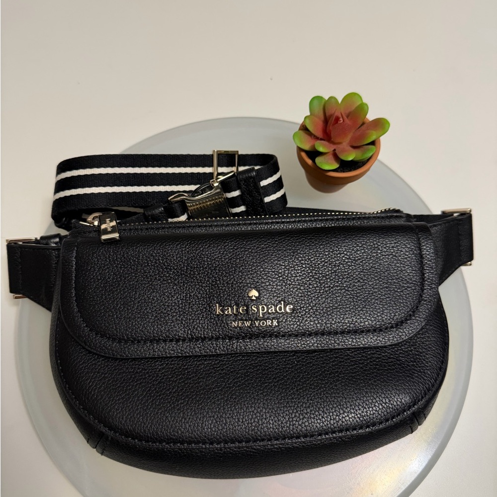 Kate Spade Black Belt Bag with Striped Strap